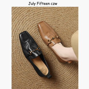 单鞋 低跟通勤百搭小皮鞋 女2026新款 头层牛皮英伦方头金属扣乐福鞋