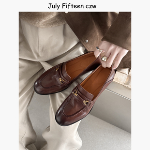 老钱风单鞋 女圆头粗跟小皮鞋 头层牛皮英伦金属扣乐福鞋 2026新款