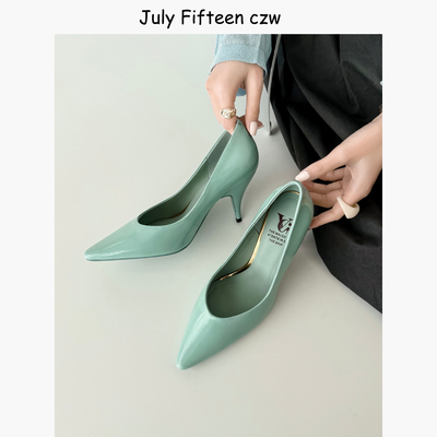2026牛漆皮尖头8cm细跟浅口单鞋