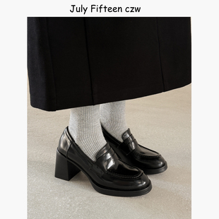 复古一脚蹬单鞋 2026新款 女粗跟圆头小皮鞋 乐福鞋 英伦风黑色高跟鞋