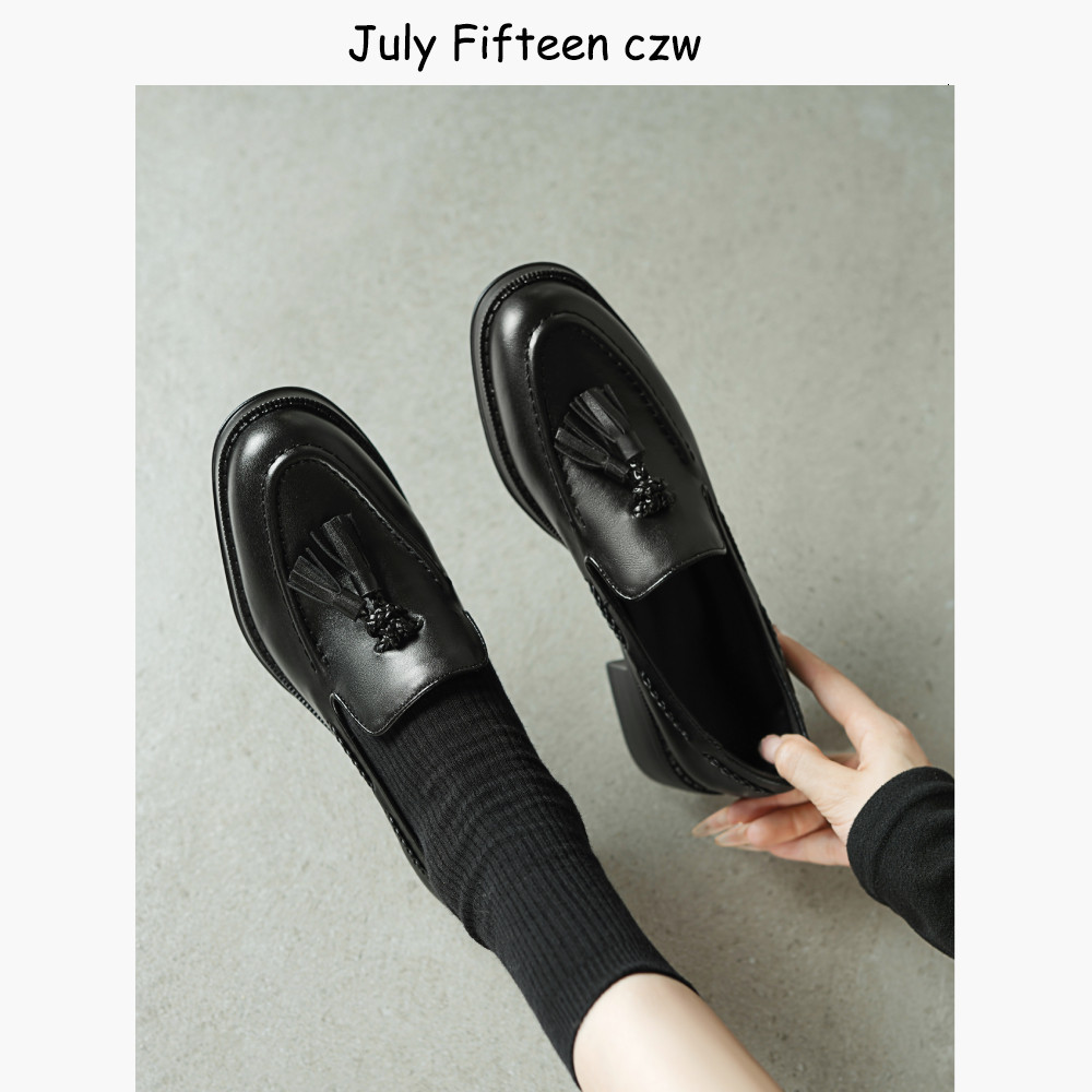 头层牛皮~2025新款欧美复古4cm粗跟流苏乐福鞋女百搭英伦小皮鞋