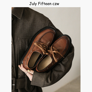 头层牛皮英伦复古系带小皮鞋女2026新款圆头厚底粗跟深口单鞋