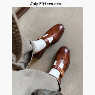 女T字带扣圆头低跟复古单鞋 头层牛皮2026新款 英伦布洛克玛丽珍鞋