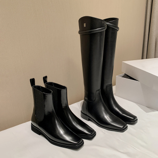 高定版 2023欧美方头平底低跟真皮长靴女不过膝高筒靴套筒骑士靴