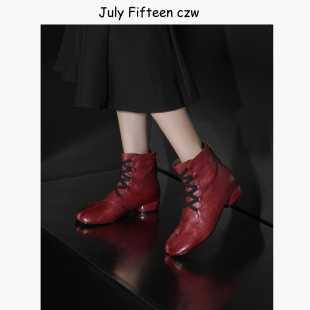 重工水洗马皮~复古粗跟系带后拉链分趾短靴女2025新款百搭马丁靴