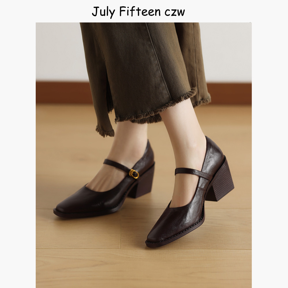 复古风头层羊皮玛丽珍鞋女2026新款方头粗跟一字扣高跟鞋浅口单鞋