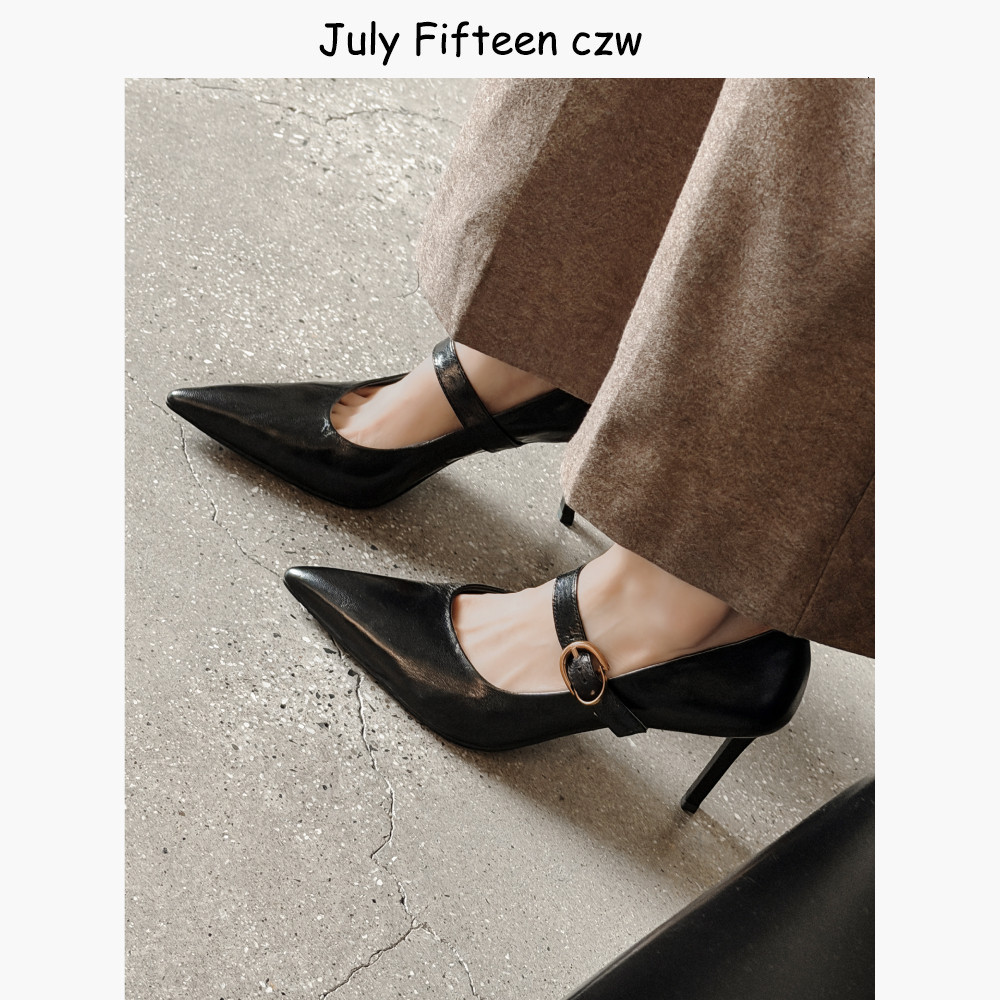 头层羊皮尖头细跟高跟鞋女2026新款一字扣带玛丽珍不累脚浅口单鞋