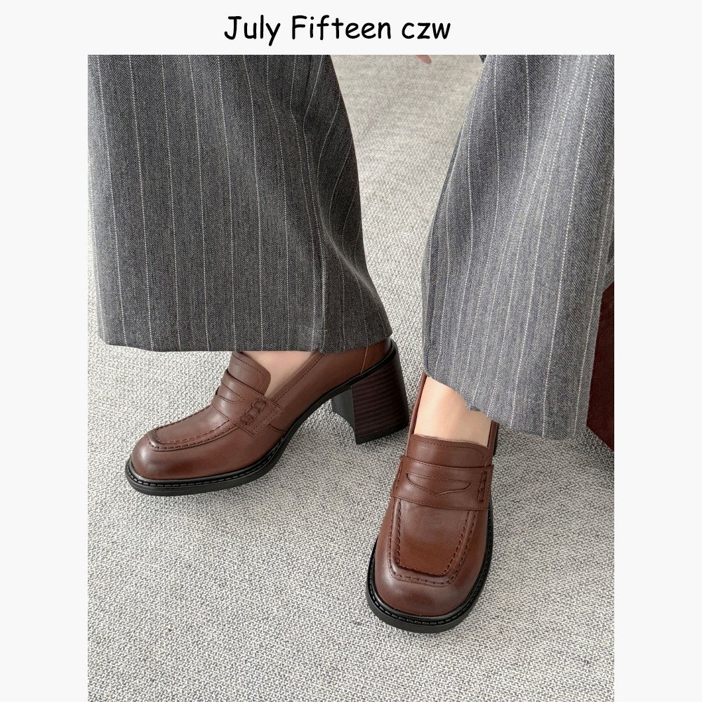 头层牛皮~英伦风乐福鞋女高跟2026新款方头粗跟气质一脚蹬小皮鞋,女鞋,乐福鞋（豆豆鞋）,淘宝优惠券,粉丝福利购,淘宝优惠卷