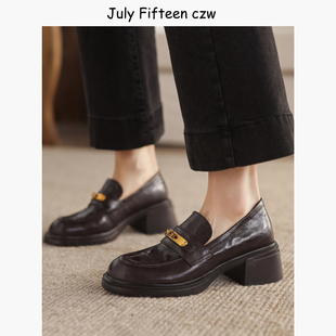 高跟鞋 女厚底粗跟一脚蹬金属扣小皮鞋 羊皮英伦复古乐福鞋 2026新款