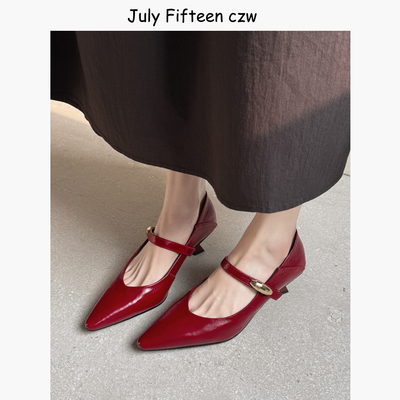 头层牛皮尖头5cm细跟玛丽珍鞋