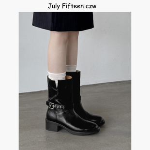 头层牛皮中筒骑士靴女2025新款 欧美复古5cm粗跟皮带扣短靴马丁靴