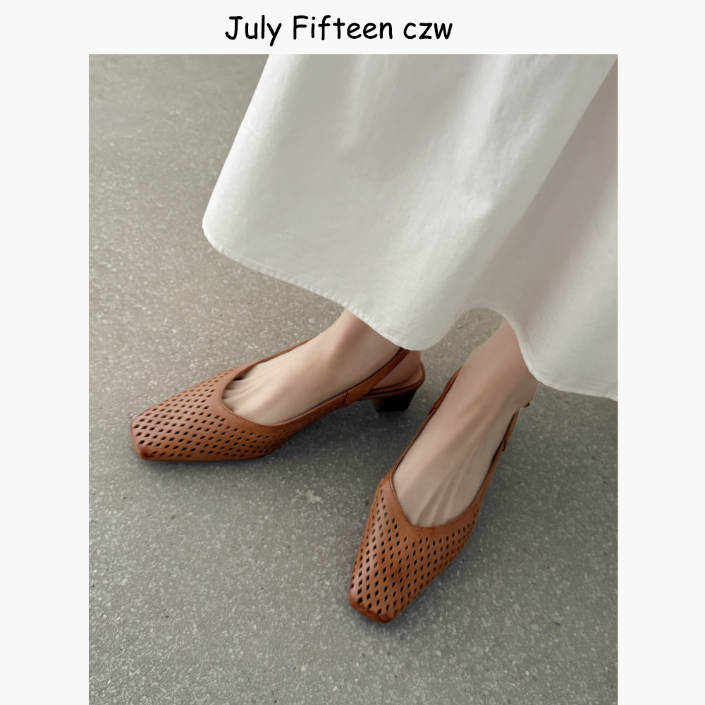 头层牛皮～法式镂空透气包头凉鞋女2026春夏新款方头粗跟后空单鞋