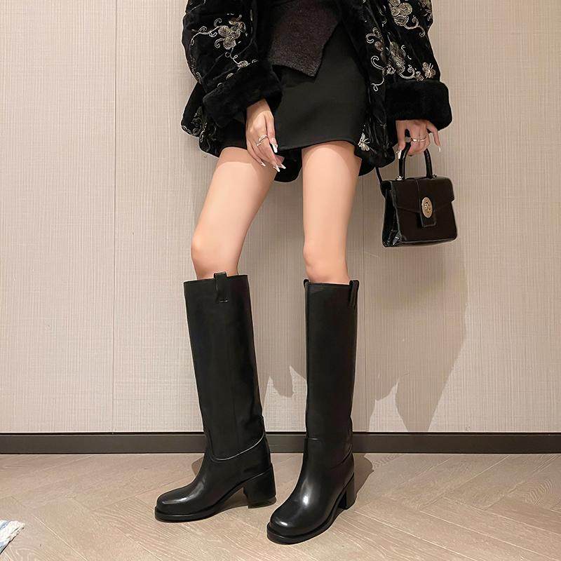 头层小牛皮~2024冬季新款直筒靴骑士靴女6cm粗跟高筒靴不过膝长靴