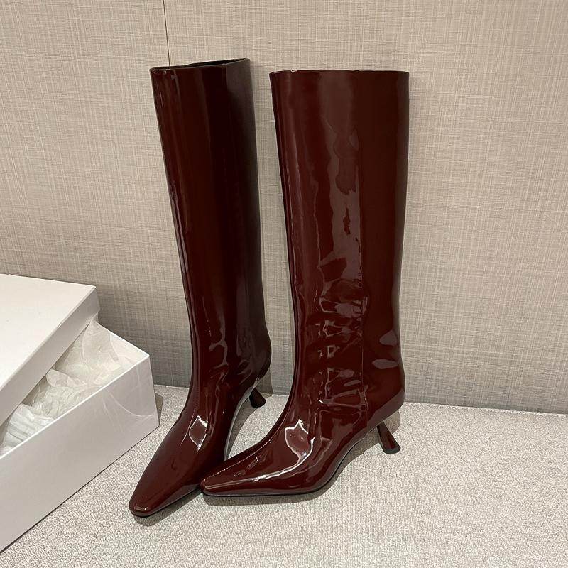 头层牛漆皮~2024秋季新款法式6cm猫跟方头不过膝长靴女高筒时装靴