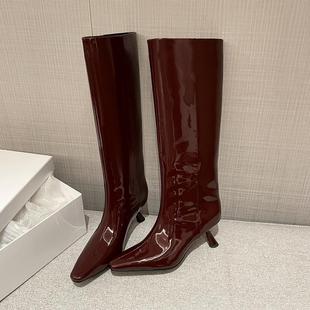 6cm猫跟方头不过膝长靴女高筒时装 头层牛漆皮 法式 新款 靴 2024秋季