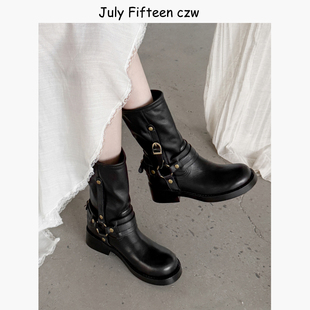 头层牛皮 百搭中筒马丁靴 英伦复古圆头粗跟皮带扣短靴女2025新款