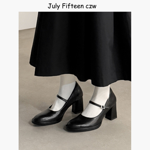 女黑色粗跟一字扣带浅口单鞋 玛丽珍鞋 头层羊皮气质高跟鞋 2026新款