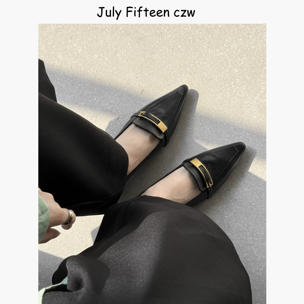 头层牛皮~法式尖头4cm猫跟乐福鞋女2026春夏新款金属皮带扣高跟鞋