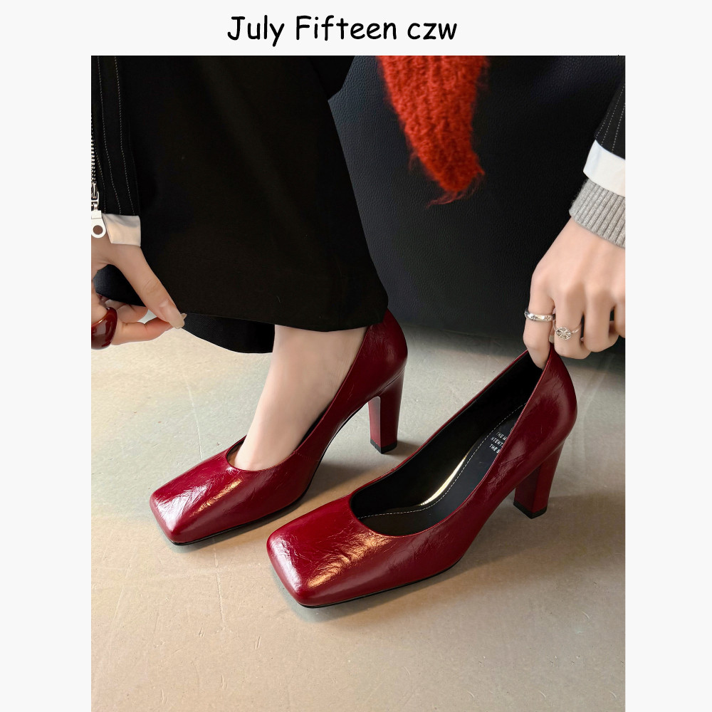 头层牛皮～欧美气质方头8cm细跟高跟鞋女2026春新款职场浅口单鞋