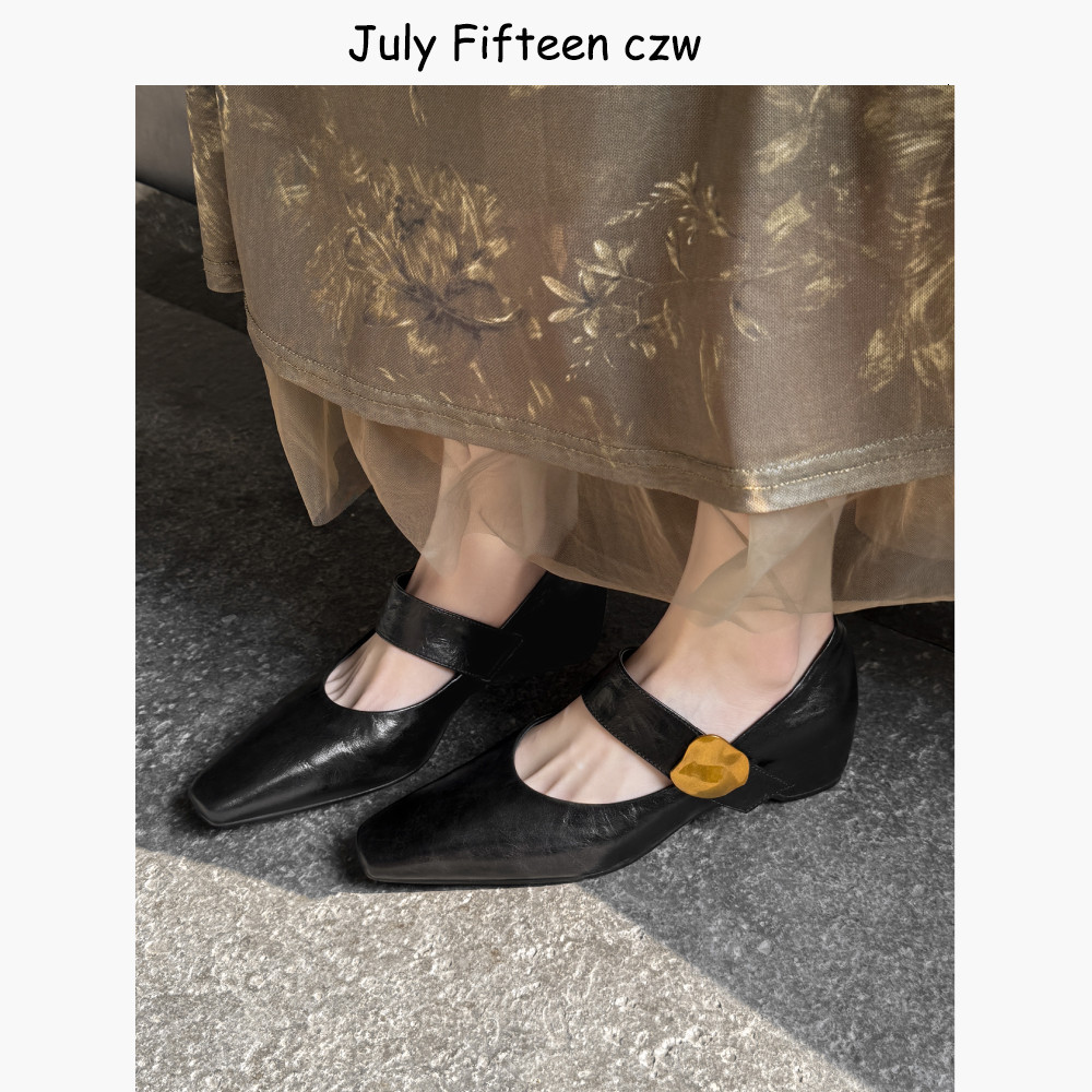 头层牛皮~方头3.5cm内增高玛丽珍鞋女2026春夏新款金属扣浅口单鞋