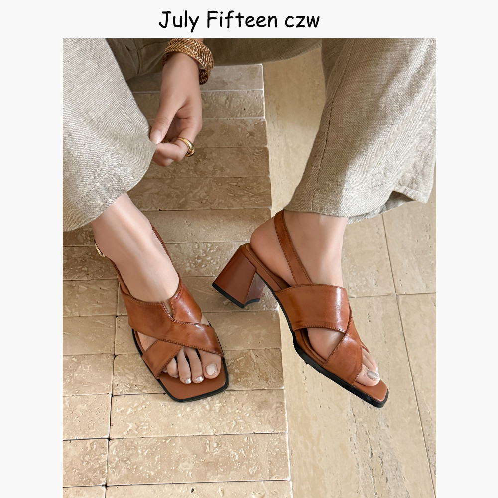 头层牛皮~复古罗马凉鞋女2026夏季新款5.5cm粗跟方头高跟露趾凉鞋