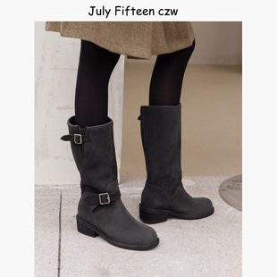 牛翻皮复古气质圆头粗跟皮带扣骑士靴女2025秋冬新款 中筒靴机车靴