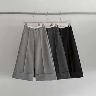 2025冬新款阔腿裤女8分裤垂感高腰宽卷边裤休闲裤 93742