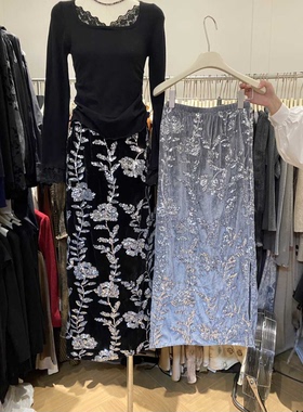 复古风亮片刺绣半身裙  19901#  HJY