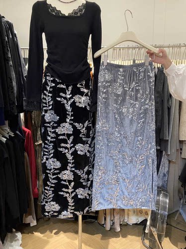 复古风亮片刺绣半身裙  19901#  HJY