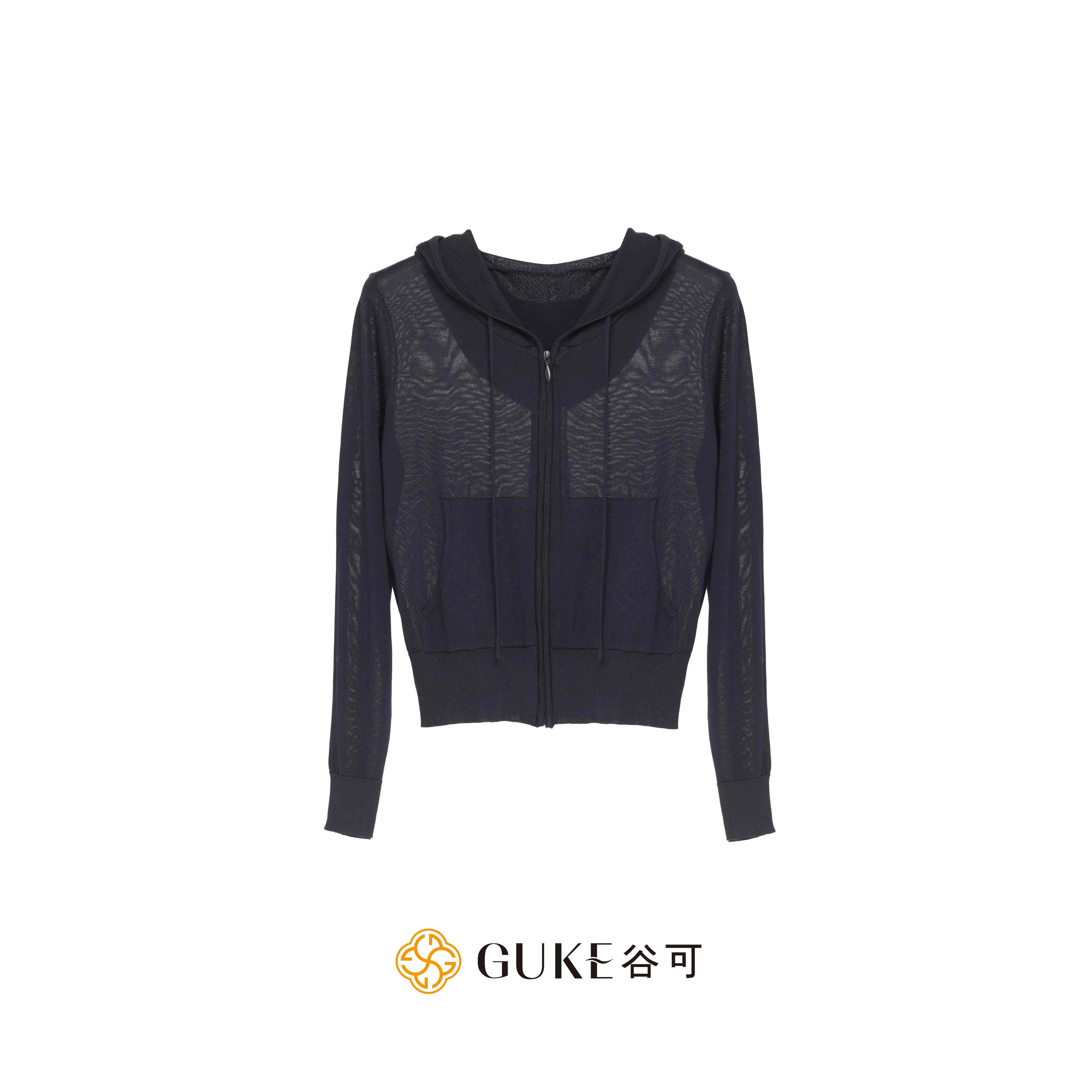 GKE/谷可MS6001简约薄款连帽拉链针织开衫女百搭修身外套春季新款