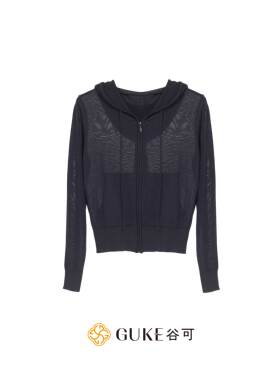 GKE/谷可MS6001简约薄款连帽拉链针织开衫女百搭修身外套春季新款