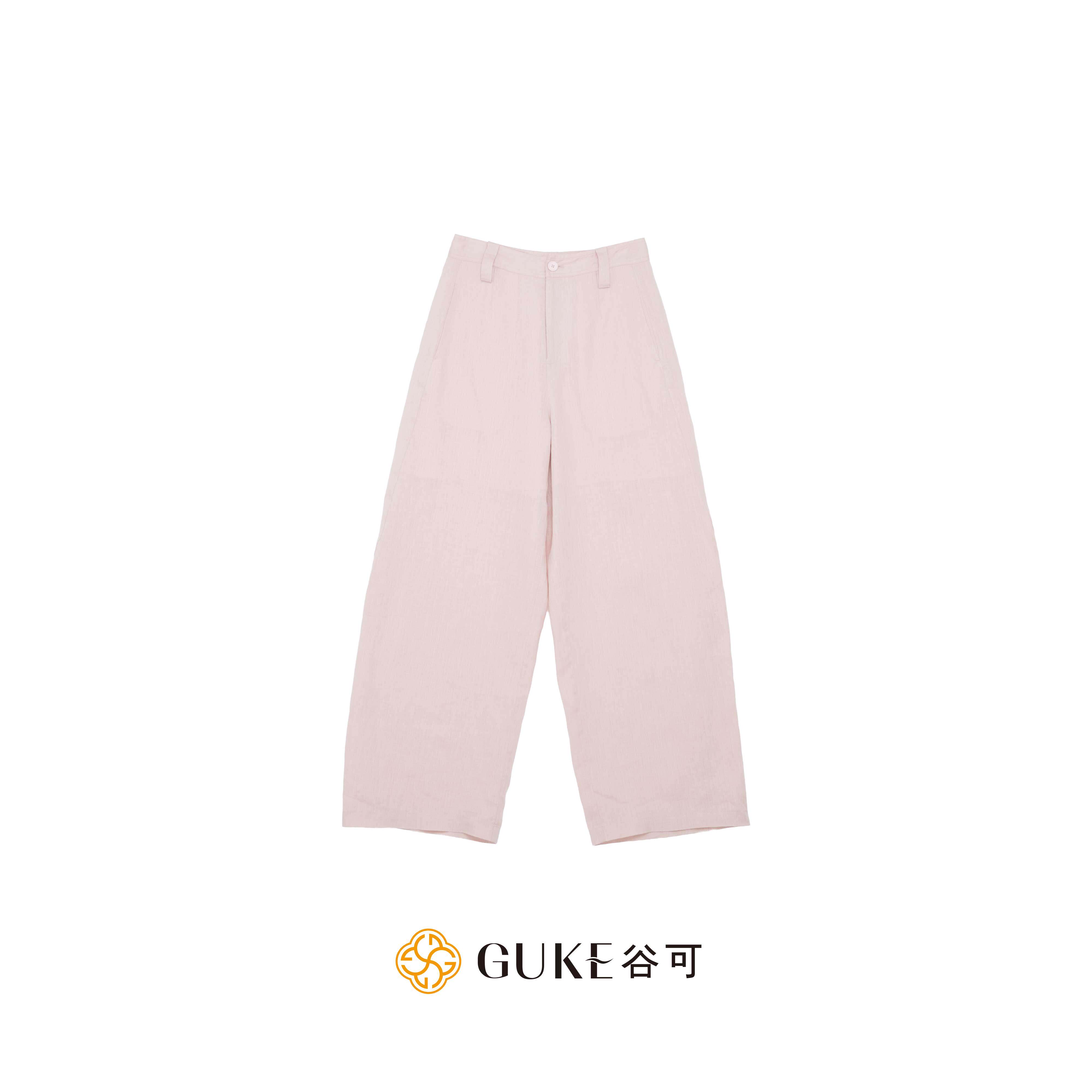 GKE/谷可K1389休闲高腰亚麻弯刀裤女夏季休闲阔腿裤浅粉色极简风