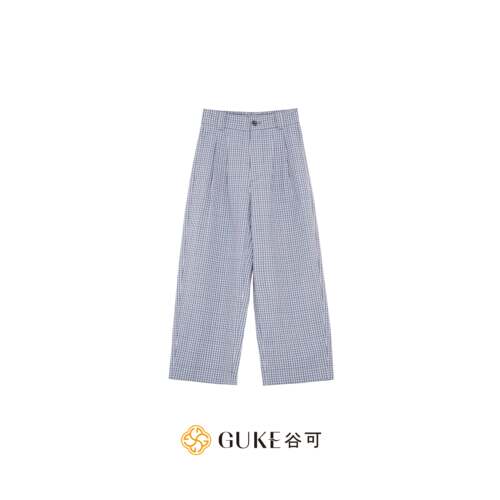 谷可高腰蓝格直筒九分休闲裤女