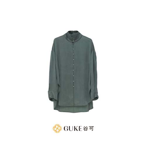 谷可中式立领绿色长袖女衬衫