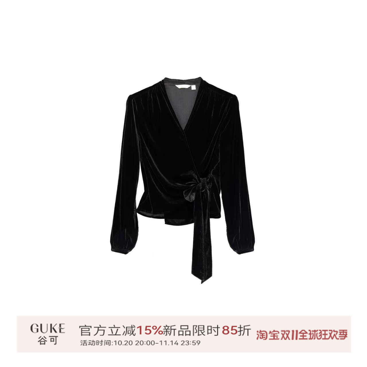 GKE/谷可V领长袖丝绒衬衫