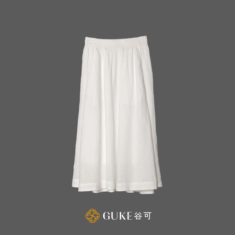 GKE/谷可Q1097白色亚麻半身裙女夏季中长款高腰显瘦气质文艺半裙