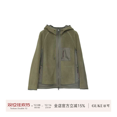 GKE/谷可军绿色连帽拉链拼接卫衣
