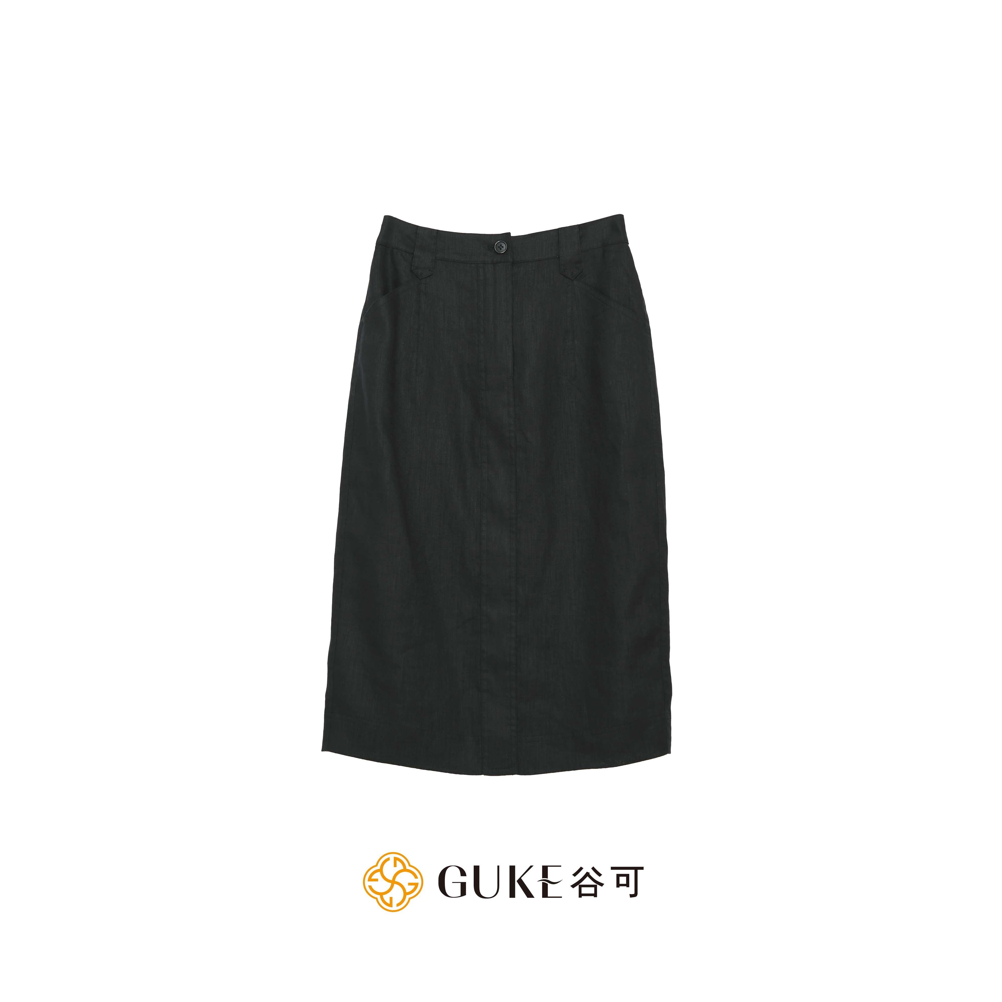谷可亚麻高腰直筒中长半身裙