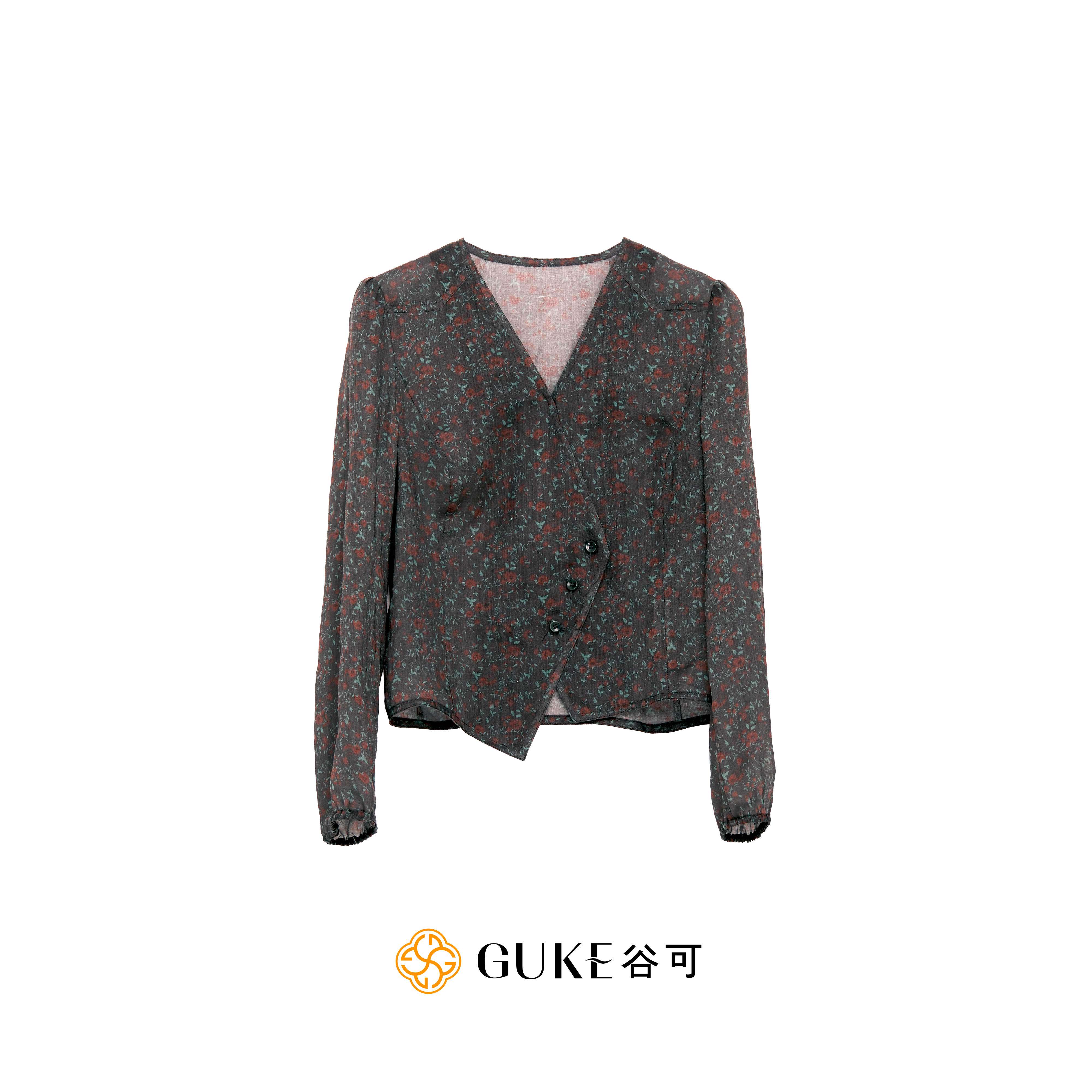 谷可苎麻印花修身女长袖衬衫
