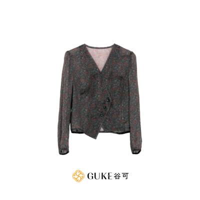 谷可苎麻印花修身女长袖衬衫