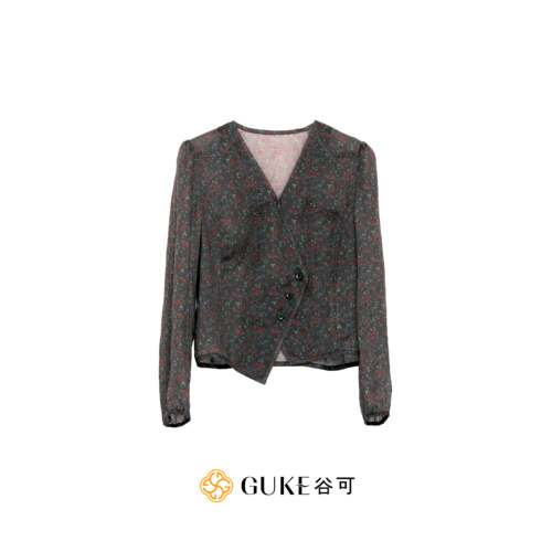 谷可苎麻印花修身女长袖衬衫