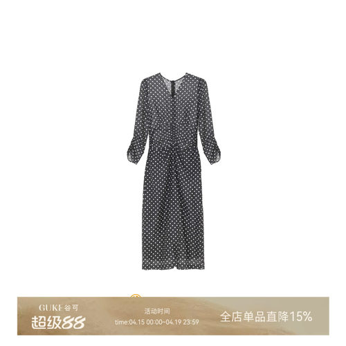 谷可黑波点长袖收腰显瘦连衣裙
