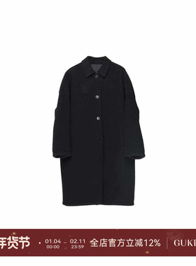 GKE/谷可M3100简约风黑色毛呢外套女长款单排扣廓形大气通勤大衣