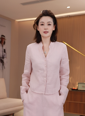 GKE/谷可C1372优雅风粉色亚麻衬衫女长袖V领通勤高级感显瘦上衣