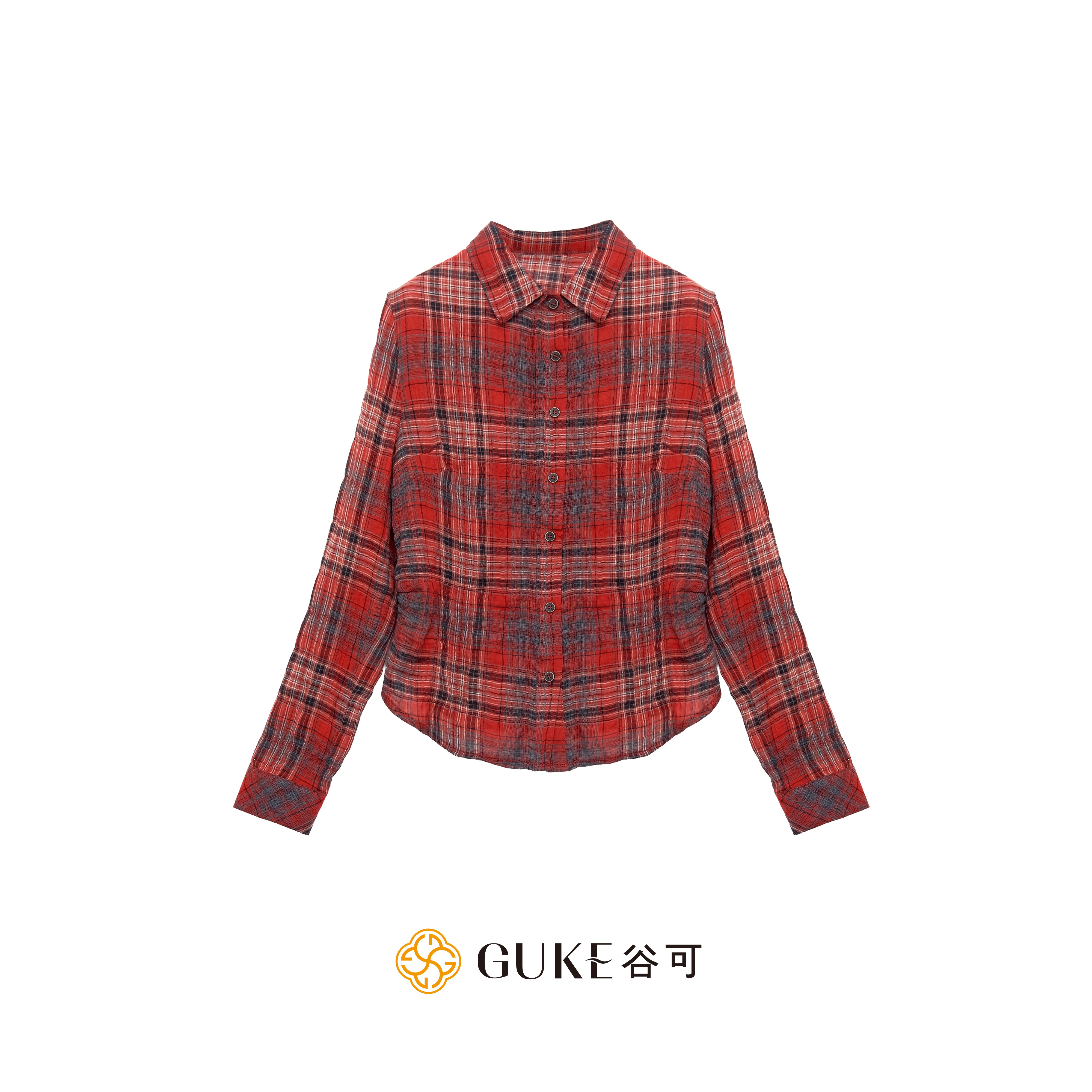 GKE谷可C5017休闲风格纹衬衫女长袖修身纯棉防晒衬衣红黑格复古图片