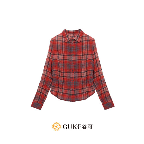 GKE谷可C5017休闲风格纹衬衫女长袖修身纯棉防晒衬衣红黑格复古