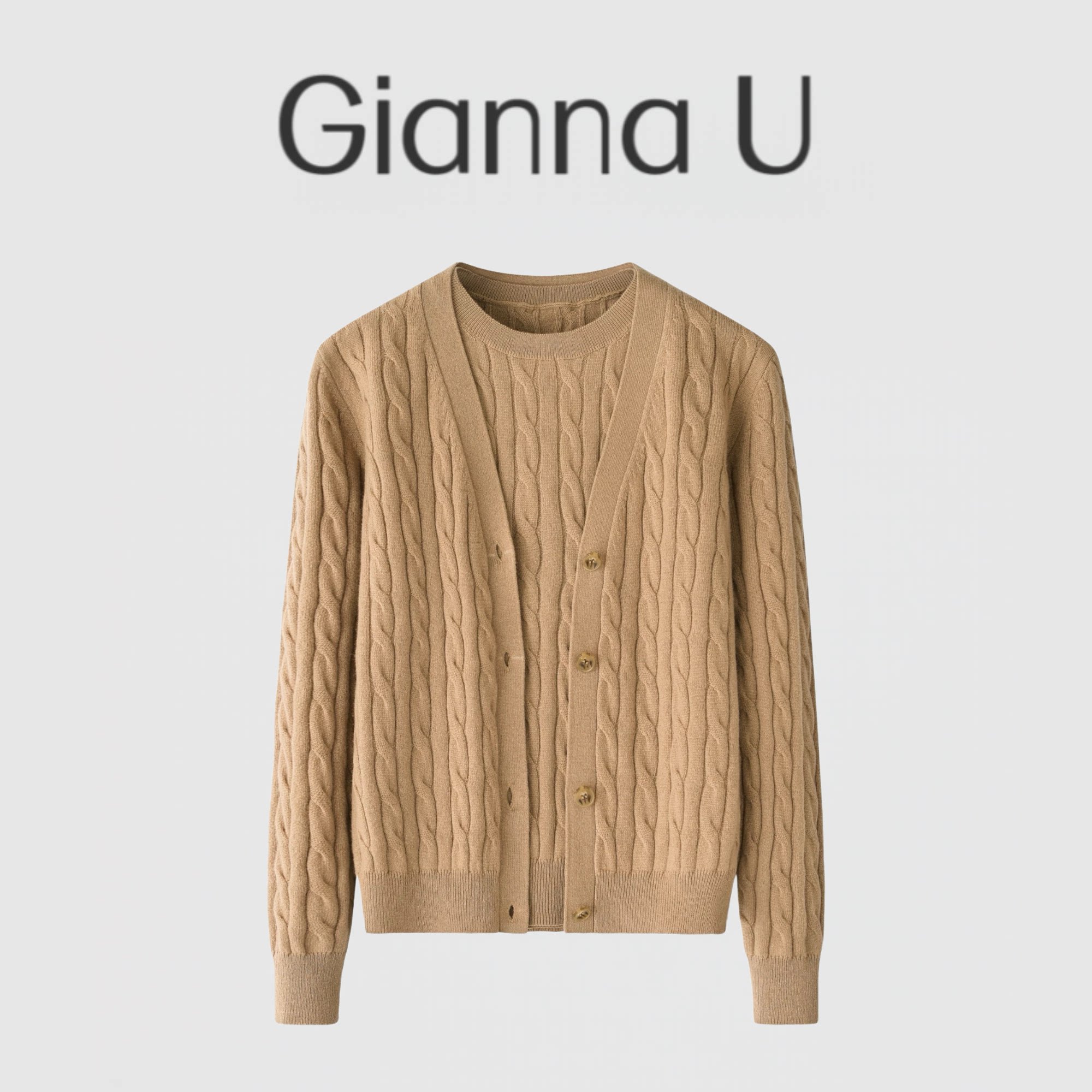 25秋冬新品外套100山羊绒衫女开衫圆领绞麻花休闲百搭两件套驼色