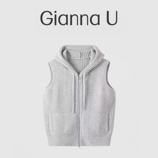 原版在线~意大利单100山羊绒开衫双拉链连帽马甲背心针织无袖灰色