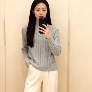 2025秋冬100纯羊绒衫女半高领抽条修身针织衫毛衣淑女百搭打底衫