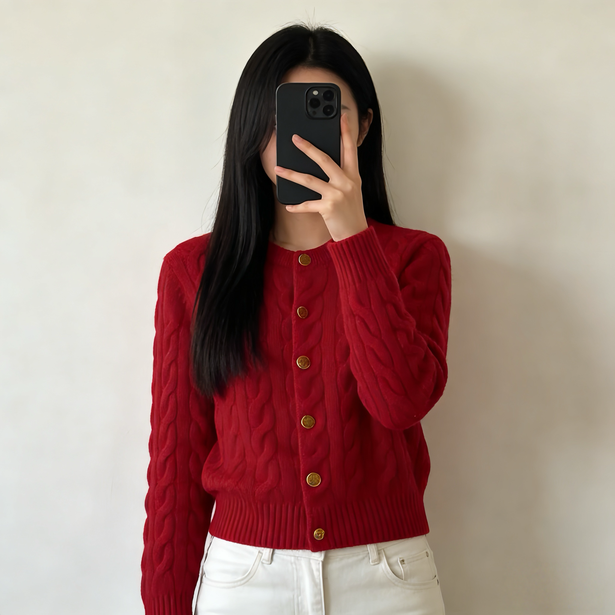 红色羊绒开衫女金扣绞花纹针织衫老钱风百搭毛衣,女装/女士精品,羊绒衫,淘宝优惠券,粉丝福利购,淘宝优惠卷